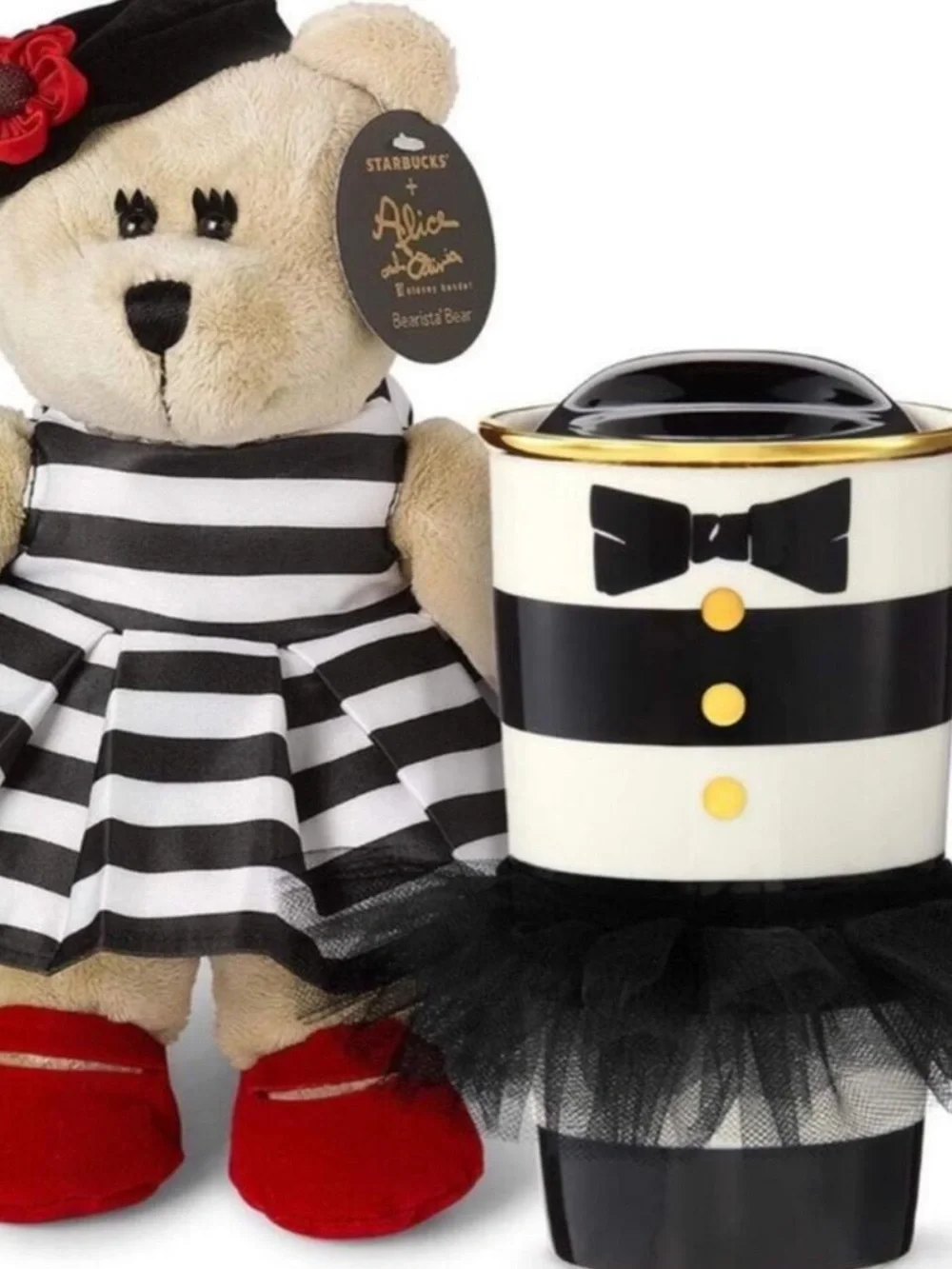 🆕 NEW Alice + Olivia x Starbucks Black White Stripe Ceramic Tumbler Teddy Bear